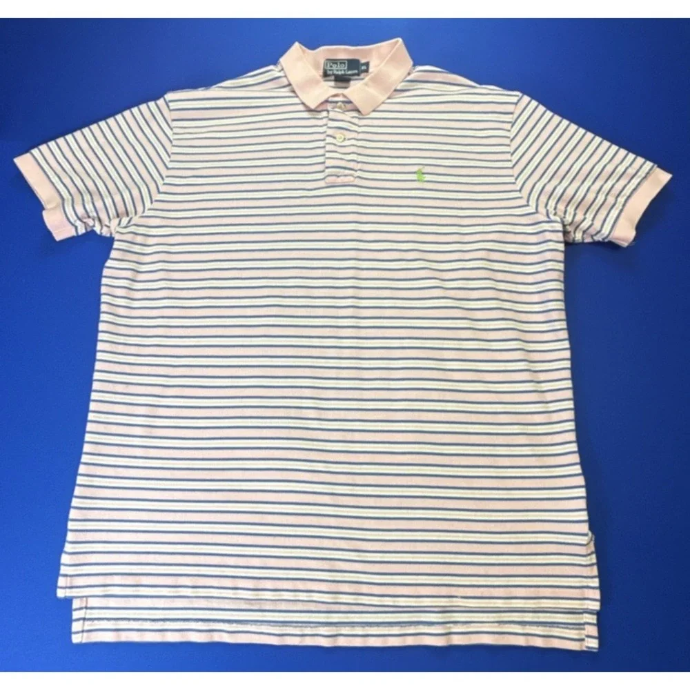 Polo Ralph Lauren Polo Shirt Men's XL Pink Blue Cotton Striped Knit Short Sleeve